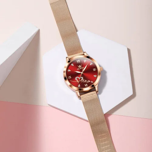 Miniatura 2 de OLEVS - Reloj de oro rosa para mujer con correa de malla, estilo de moda, diseño de corazones, de cuarzo japonés, resistente al agua, luminiscente
