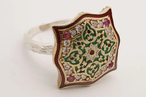 Miniatura 4 de Motif Style Turkish Handmade All Authentic Jewelry Red Enamel Round Cut Ruby Topaz 925 Sterling Silver Ring Size All