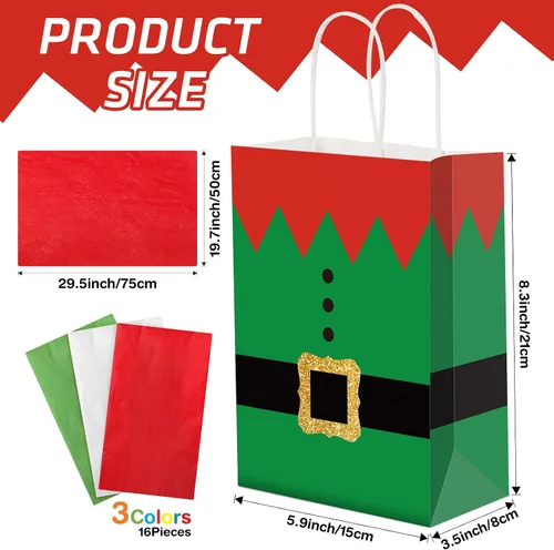 Miniatura 2 de Blulu 16 piezas de bolsas de regalo de papel para Navidad, elfos de Navidad con impresión de traje de elfo, bolsas de fiesta de Navidad con asa