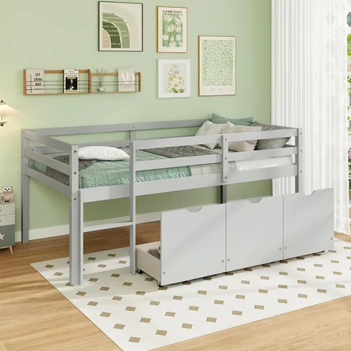 Miniatura 9 de Giantex Cama alta individual con tobogán, cama baja de madera para niños, escalera de escalada y espacio de almacenamiento, cama individual