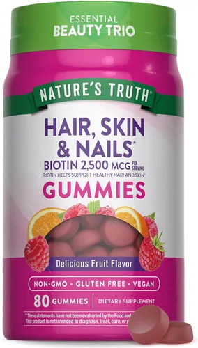 Gomitas para el cabello, piel y uñas, 80 unidades, 2500 mcg de biotina, vegano, sin OMG, suplemento sin gluten, vitamina para mujeres y hombres, por