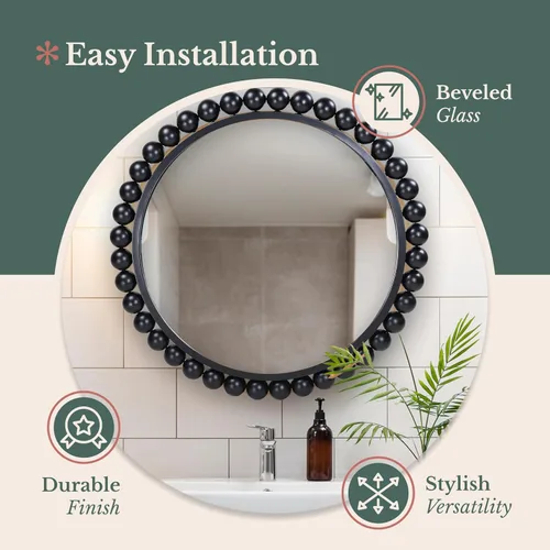 Miniatura 5 de Hamilton Hills Espejo circular negro de 33 x 33 pulgadas, elegante espejo redondo para sala de estar, baño, entrada, decoración de tocador, cuentas