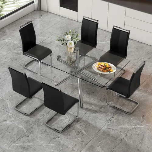 Miniatura 15 de Juego de 8 mesas de comedor de cristal, moderno juego de mesa de comedor de 71 pulgadas con 8 sillas de comedor tapizadas de piel sintética