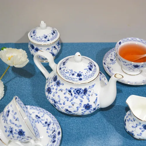 Miniatura 3 de Juego de té de porcelana de hueso, juego de té de porcelana de 21 piezas para adultos, tazas de té y platillos para 6, con tetera, cucharas, Azul
