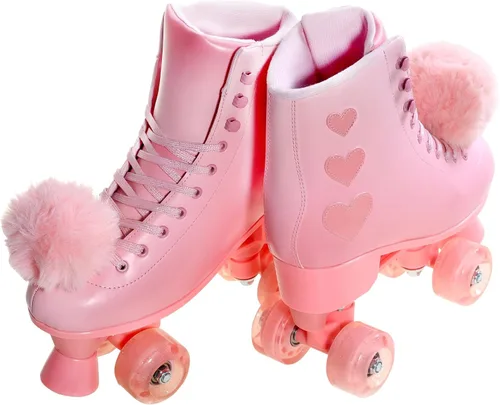 Miniatura 5 de Patines de ruedas para mujer, patines de piel sintética de alta calidad, cuatro ruedas rosadas brillantes de doble fila, patines cuádruples