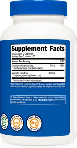 Miniatura 5 de Nutricost Suplemento de zinc + quercetina (50 mg de zinc, 800 mg de quercetina) 120 cápsulas - Vegano, sin OMG, sin gluten, 60 porciones