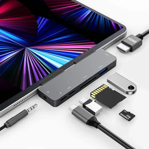 Miniatura 8 de Adaptador para iPad Pro USB C Hub M4 M2 M1/iPad Air 4/5/6/iPad Mini 6, Adaptador 7 en 1 con HDMI 4K, Jack de 3.5mm, USB 3.0, PD 100W, SD/TF, Datos