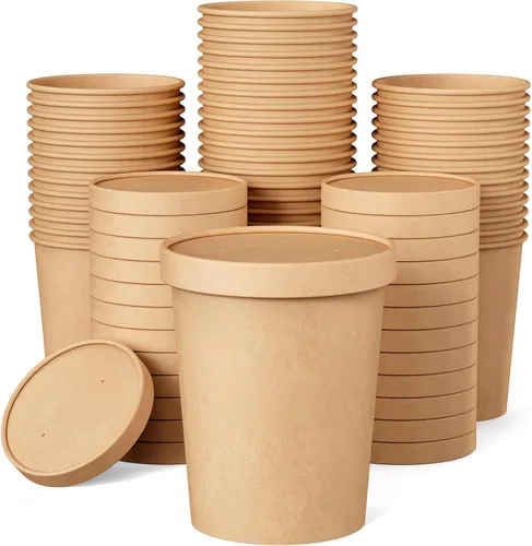 JOLLY PARTY Paquete de 25 envases de papel para sopa con tapas de 32 onzas, vasos desechables de papel para comida, vasos para helado,