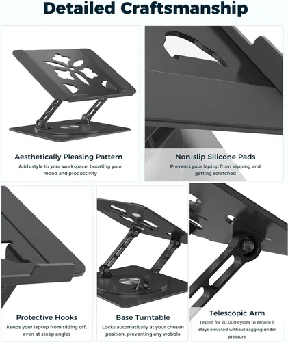 Miniatura 7 de Soporte ajustable para laptop de escritorio - Elevador portátil para laptop con base giratoria, soporte plegable de aluminio para computadora, Negro