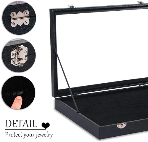 Miniatura 3 de Coward Joyero organizador de anillos, caja de terciopelo negro con 100 ranuras para anillo, bandeja de exhibición con tapa de vidrio transparente