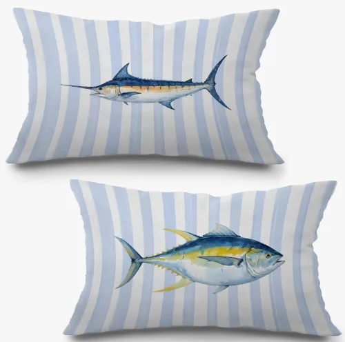 Miniatura 9 de Fundas de almohada costeras de langosta, fundas de almohada náuticas de langosta roja de Nueva Inglaterra con rayas azules y blancas para casa