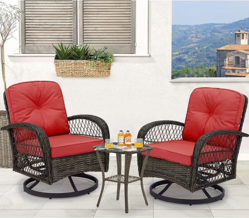 EROMMY Juego de 3 Sillas Mecedoras Giratorias para Patio Exterior, Juego de Conversación de Patio Mecedor de 360 Grados con Cojines Engrosados y