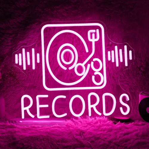 Records - Letrero de neón para decoración de pared, jukebox, música iluminada, alimentado por USB, regulable, color rosa, grabadores de música, luz