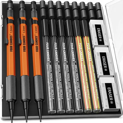 Miniatura 16 de Four Candies Juego de lápices mecánicos de 1.3mm con 24 repuestos de plomo, lápiz de carpintero de metal resistente a la intemperie para uso pesado