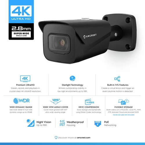 Miniatura 2 de Amcrest UltraHD 4K (8MP) Cámara IP POE de seguridad para exteriores, bala, visión nocturna de 98 pies, lente de 2.8mm, IP67 resistente a
