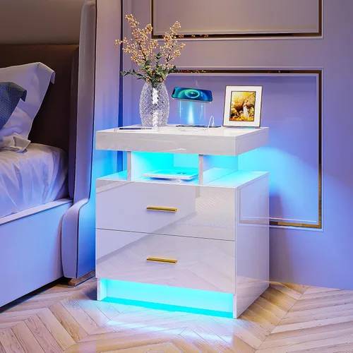 Miniatura 15 de HNEBC Mesita de noche LED con estación de carga, mesita de noche inteligente con luces de sensor de movimiento, 3 cajones, parte superior de vidrio