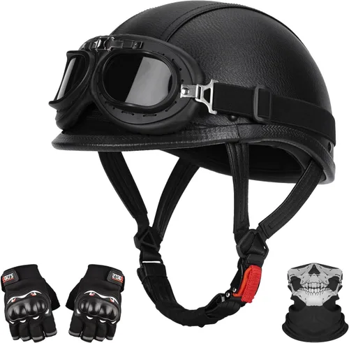 Casco de motocicleta de cuero hecho a mano, casco retro de media cara para adultos, hombres y mujeres, casco ligero abierto 1/2 vintage para