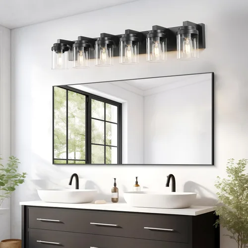 Miniatura 5 de Luces de tocador, lámparas de baño de 38 pulgadas sobre espejo, 6 luces de tocador de baño con pantalla de vidrio transparente, lámparas de pared