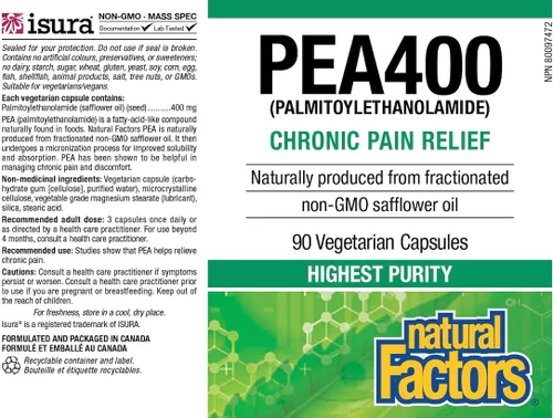 Miniatura 6 de Natural Factors PEA400 - Palmitoiletanolamida pura para alivio, apoya el sistema nervioso y las molestias ocasionales, sin OMG, 90 cápsulas