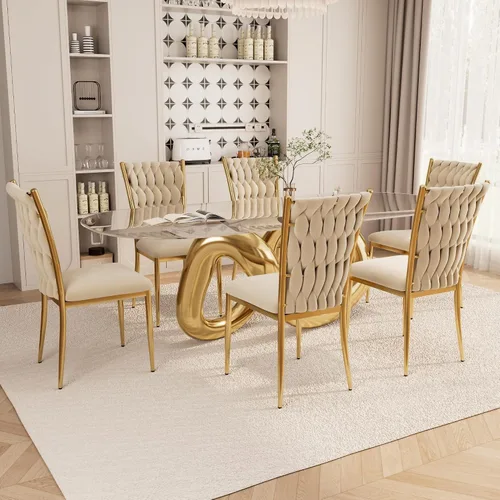 Miniatura 11 de Juego de 2 sillas de comedor de terciopelo, modernas sillas de cocina tejidas con patas de metal dorado, cojín tapizado con respaldo alto