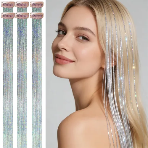 Miniatura 26 de Celinebella 6 extensiones de cabello con clip de mezcla de color rojo, plateado y azul, 6 unidades, resistentes al calor, para mujeres, 17-Azul