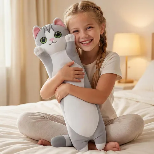 Miniatura 17 de Almohada larga de felpa negra ultra suave diseñada por artistas de Mewaii, con relleno extra para mayor comodidad, peluche de animal de alta