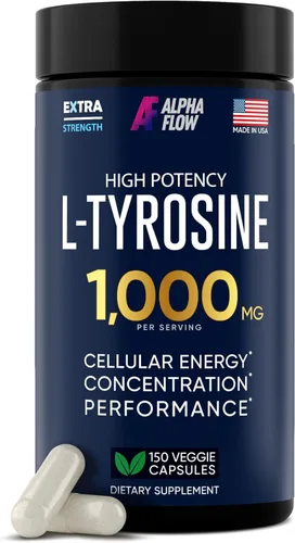 Alpha Flow L - Cápsulas de tirosina de 1000 mg – Suplemento de tirosina L totalmente natural para concentración y aumento de energía – Sin OMG y sin