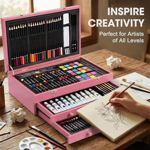 Miniatura 6 de Juego de lujo de 175 piezas de arte en madera, kit de dibujo y pintura con 2 bloques de dibujo, pinturas acrílicas, lápices de colores, lápices