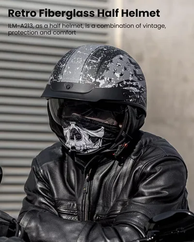Miniatura 2 de ILM Medio casco de fibra de vidrio para motocicleta con visera para motocicleta, crucero, ciclomotor, scooter DOT modelo A213 Bandera patriótica.