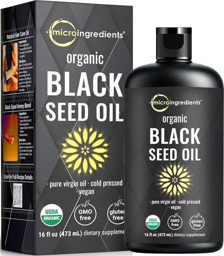 Micro Ingredients Aceite de semilla negra orgánico, 16 onzas líquidas, prensado en frío de semillas de Nigella Sativa, rico en timoquinona y Omega 3