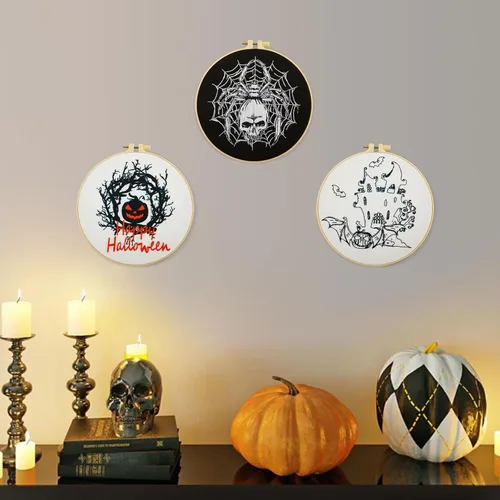 Miniatura 5 de Armindou Kit de bordado de Halloween para principiantes y adultos, kit de punto de cruz estampado para adultos principiantes, kit de bordado a mano