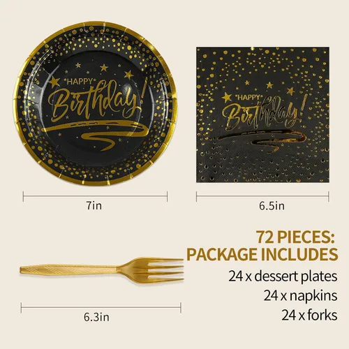Miniatura 2 de 72 PIEZAS Platos y Servilletas de Feliz Cumpleaños Suministros para Fiestas, Platos y Servilletas de Papel con Puntos Negros y Dorados con Tenedores