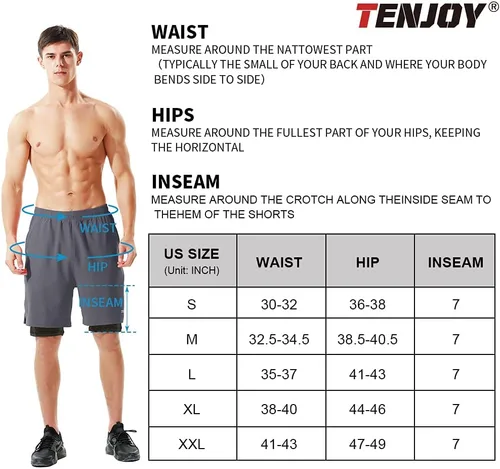 Miniatura 6 de TENJOY Pantalones cortos de correr 2 en 1 para hombre, de 5 o 7 pulgadas, de secado rápido, pantalones cortos de entrenamiento atlético para hombres