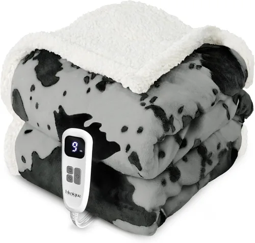 Miniatura 17 de Manta térmica con estampado de vaca, manta eléctrica, manta térmica con 10 niveles de calor y 10 horas de apagado automático, acogedora y suave
