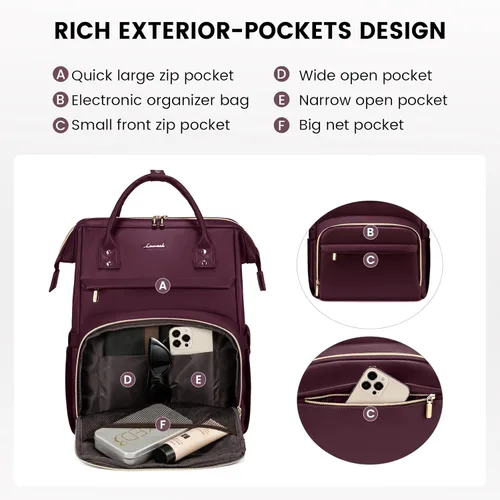 Miniatura 4 de LOVEVOOK - Mochila para laptop para mujer, mochila de moda para mujer.., Rojo vino, 15,6 pulg., Mochilas de viaje