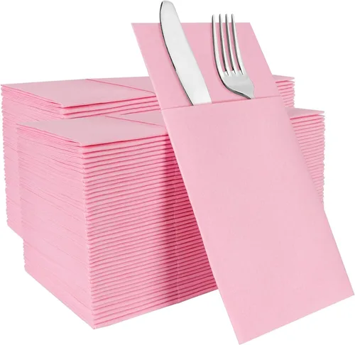 Miniatura 14 de Servilletas rojas desechables con sensación de lino con bolsillo integrado para cubiertos, preplegadas para cuchillos y tenedores, servilletas