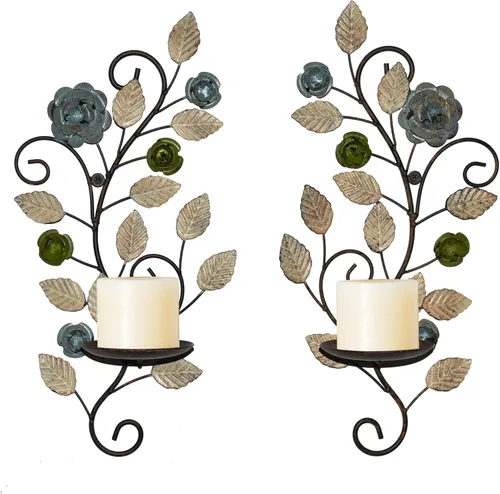 Miniatura 6 de Juego de 2 candelabros de pared, diseño de ramas de hojas multicolor antiguas, soporte de pared de metal para colgar velas para sala de estar