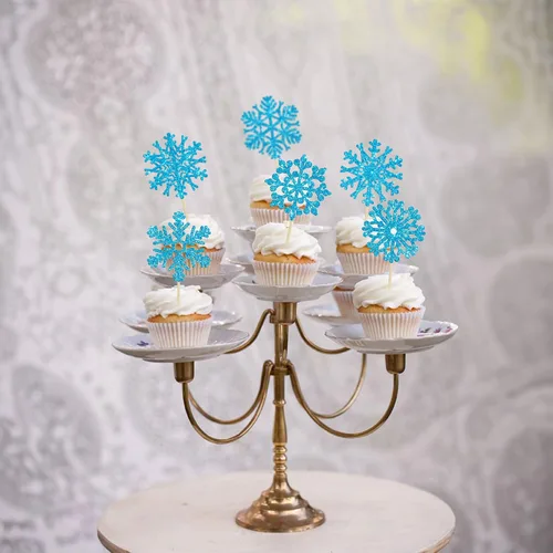 Miniatura 6 de 24 piezas de adornos para cupcakes de copo de nieve, copo de nieve azul con purpurina, adornos para cupcakes de invierno, adornos para pasteles