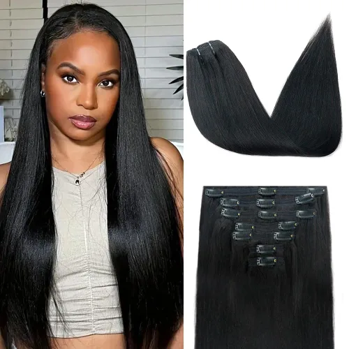 Miniatura 44 de Extensiones de cabello humano real con clip, 8 unidades, cabello humano Remy liso de seda suave natural, 4.23 oz, 20 pulgadas, negro natural #1B, 8