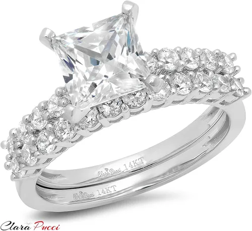 Miniatura 5 de Juego de anillos de compromiso de 2,66 quilates de corte princesa con moissanita auténtica y diamantes de imitación, de oro blanco sólido de 14