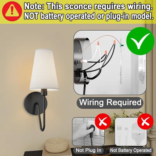Miniatura 3 de Electro bp; Lámpara de pared clásica de 1 sola cabeza, color negro con pantalla de tela de lino blanco crema E12 40W cableada (juego de 2); Sombra
