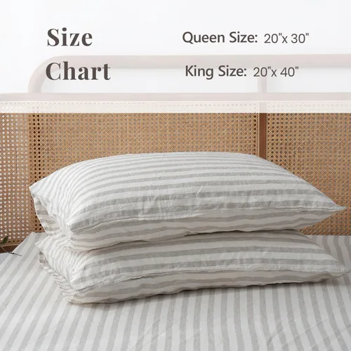 Miniatura 5 de S VICTORY SYMBOL Juego de 2 fundas de almohada de lino 100% a rayas, hilo de lino orgánico natural francés teñido en beige a rayas, King 20"x40