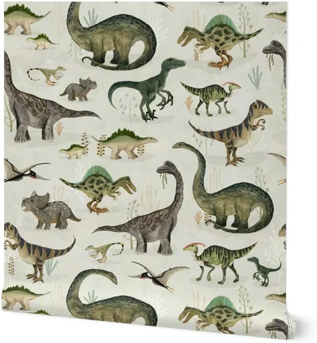 Spoonflower Papel tapiz para despegar y pegar - Dinosaurios grandes Verde Niños Gris Animales Niños Ilustración Dino Papel pintado extraíble