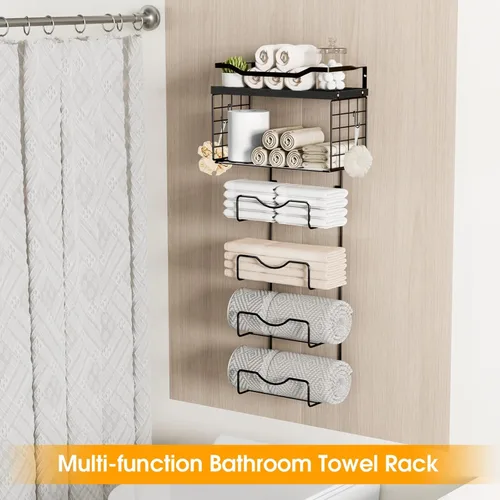Miniatura 2 de Toalleros para baño, toallero montado en la pared, soporte para toallas de 6 niveles enrolladas o dobladas con estantes flotantes, portotoallas