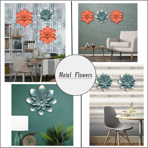 Miniatura 5 de Decoración artística de pared de flores de metal azul, escultura floral rústica moderna de 9.5 pulgadas, decoración desgastada para colgar