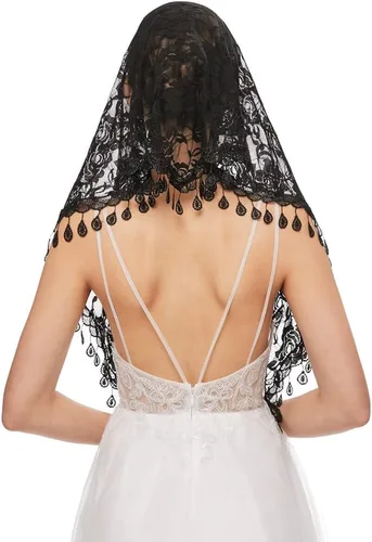 Miniatura 5 de Nanchor Velo de mantilla velo triángulo velos de encaje cubierta de cabeza de iglesia velo de novia para damas de honor de boda, Negro triángulo
