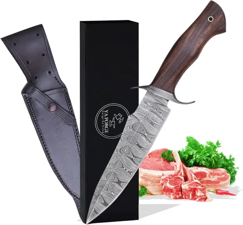 El cuchillo de caza de hoja fija es tu mejor compañero de caza, cuchillo de supervivencia de acero de Damasco forjado a mano con mango de madera de