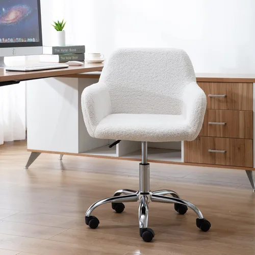 Miniatura 6 de Silla de escritorio giratoria peluda, silla de oficina tapizada de tela de peluche blanca, silla de tocador con ruedas ajustable en altura