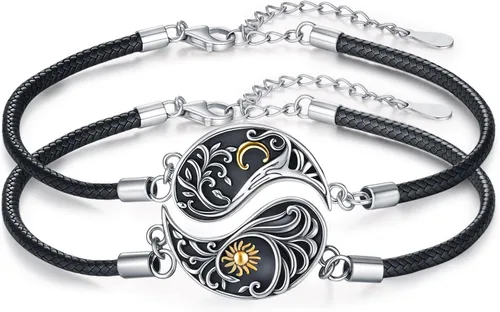 Miniatura 9 de Yin Yang - Pulsera de plata de ley 925 para parejas, árbol de la vida, luna de sol, montaña, abulón de loto, joyería para mujeres, hombres, parejas