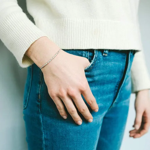Miniatura 2 de Pulsera Bolo ajustable de zafiro blanco creado en laboratorio, plata de ley, fácil de poner y quitar (tamaño de muñeca de 6, 7 y 8 pulgadas)
